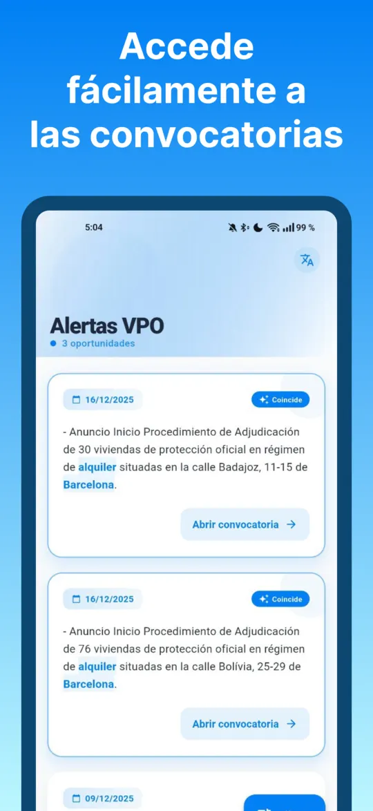 Lista de convocatorias de vivienda protegida en la app Alertas VPO