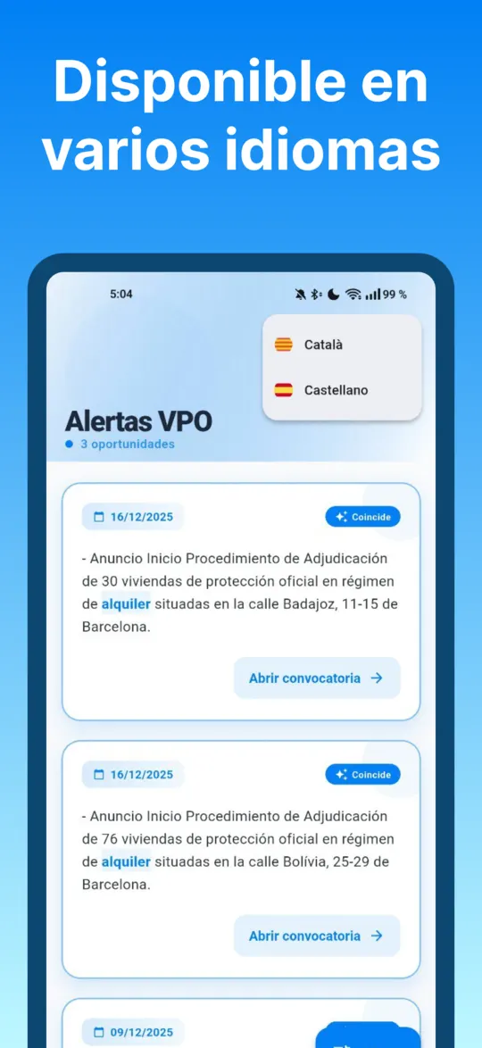 La app Alertas VPO disponible en catalán y castellano